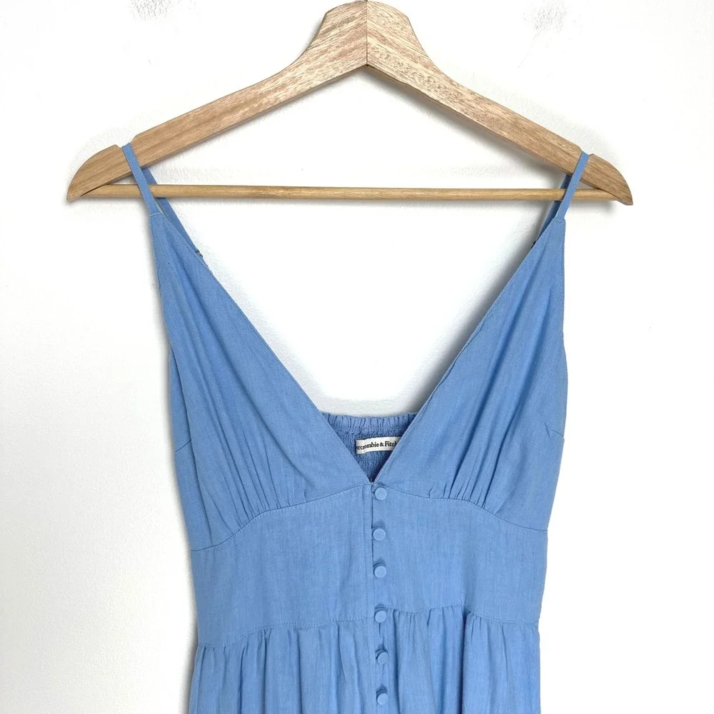 Abercrombie & Fitch Button Through Maxi Dress Light Blue V-Neck Smocked Small